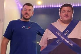 A former secret eater celebrated his 12 stone weight loss with a CARDBOARD CUT OUT showing his former XXXXL frame.