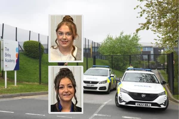 Molly Bulmer and Alicia Richards have been given official commendations for their bravery in stopping an intruder at Birley Academy, preventing 'what could have been the most unimaginable tragedy'. Photo: South Yorkshire Police / PA