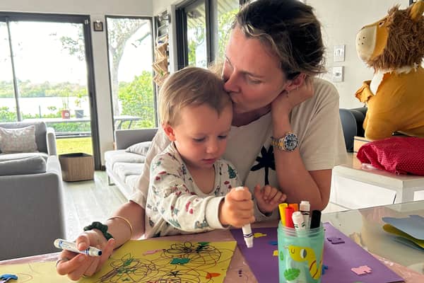 Annabel Fenwick Elliott and son Jasper in Mauritius.