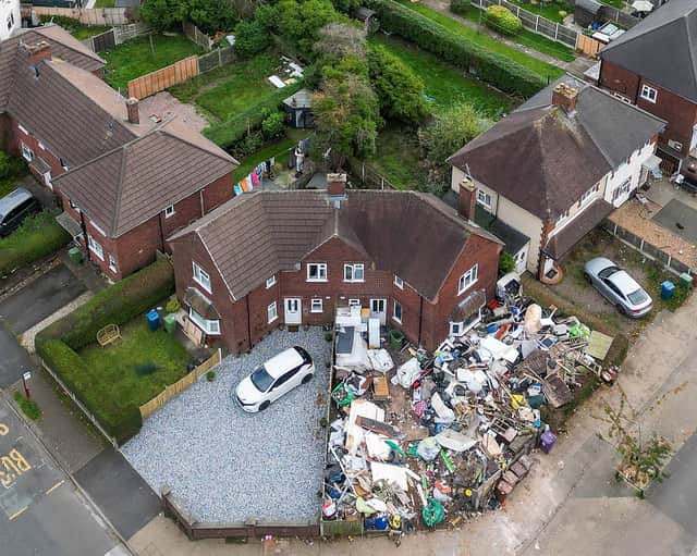 Aerial view of the property on Peach Avenue in Stafford, where rubbish has been dumped in the front garden.