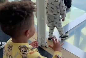 Mason Gee, 3, worried about his father Stephen Gee, 30, walking on a glass walkway