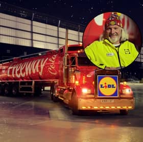 ‘Nick’ brings the Lidl cola truck to life. He is seen ticking off his list and loading up present boxes, in the Christmas ad campaign.