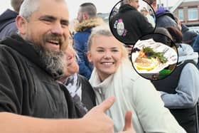 Spudman AKA Ben Newman poses for selfies outside Mecca Bingo in Blackpool