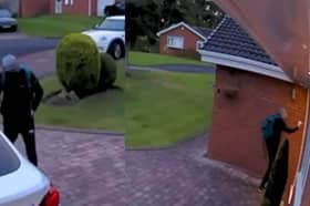 Burglar tries to knock on homeowner's front door.