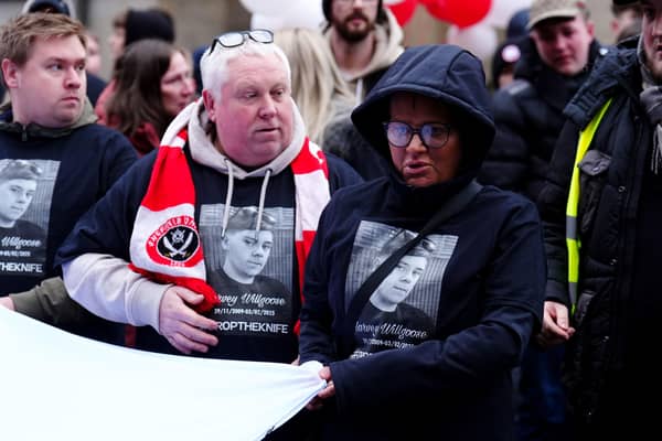 Harvey Willgoose's parents Mark Willgoose (left), and Caroline outside Sheffield Town Hall as they prepared to march to Bramall Lane in memory of their son last weekend