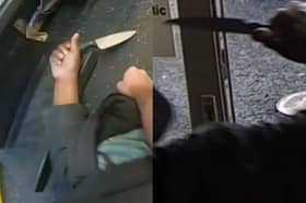 Police officer wrestles and disarms knifeman.