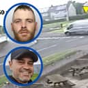 Ross (pictured top inset) was found guilty of murder after  purposely crashing into a parked car to kill Claudiu-Carol Kondor (pictured bottom inset) who was hanging onto the door of his own van to prevent it from being stolen. 