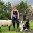 Robyn Swan moved out of her home to live rent-free in a container in rural Scotland, growing her own food and harvesting rainwater. She is pictured with her pet sheep and dogs. Photo: Robyn Swan / SWNS
