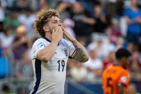 Harvey Elliott celebrates after scoring for England U21s