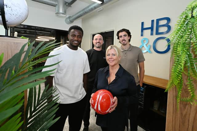 From left: Ex-Birmingham City player Beryly Lubala with Stuart Grosvenor, Helen Coombes and Ben Usher-Shipway, from HB&O