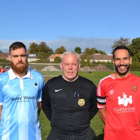 Referee Micky Bell with Coventry and Kayi captains Andrew Watts and Youcef El Barhdadi.
