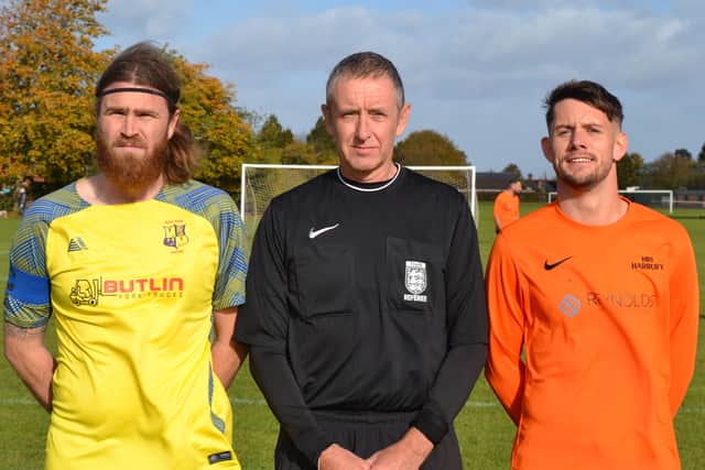 Referee Ian Sewell with Southam and Harbury captains Tom Redman and Kieran Walsh.