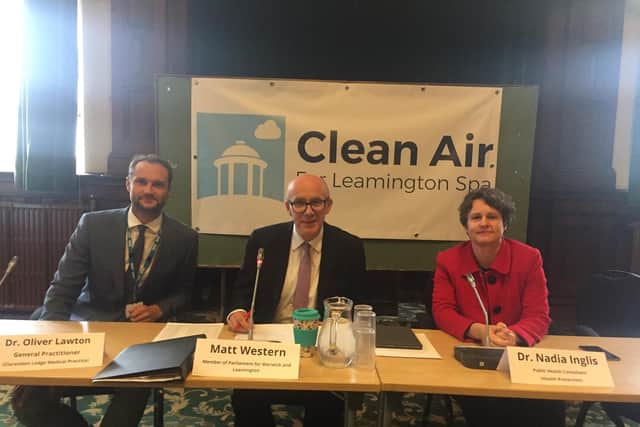 Matt Western MP (centre) at the first Warwick and Leamington Clean Air Summit with guest speakers Dr Oliver Lawton (left) and Dr Nadia Inglis.