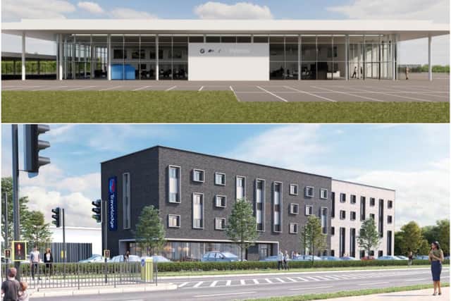 How the car dealership and hotel could look like. Images by Opus Land LLP and Dealership Developments Limited.