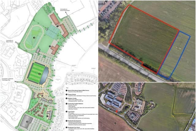 Map shows Warwick District Council's Community Stadium project masterplan with aerial shots of the development site from Google Satellite and Opus Land LLP and Dealership Developments Limited.