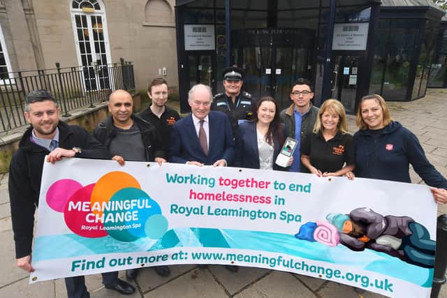 Pictured at the launch of Meaningful Change Leamington from left to right, Jon Barnett (Warwick District Council), Ayyaz Ahmed (Warwick District Council), Chris Higgins (Helping Hands), Philip Seccombe (Warwickshire Police and Crime Commissioner), Sgt Trent McMurray (Warwickshire Police), Stephanie Kerr (BID Leamington), Aaron Greaves (Heart of England Community Foundation), Sue Verne (Helping Hands), Ljupka Stojanovska (The Salvation Army).