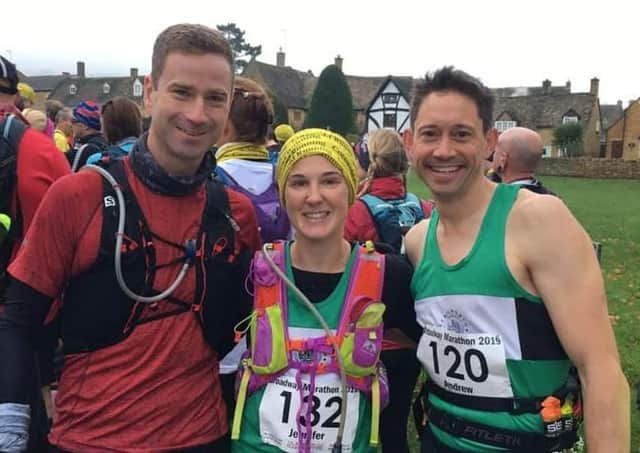 Broadway Marathon winner Andrew Siggers, right, with Elliot Cooke and Jennifer Vaughan.