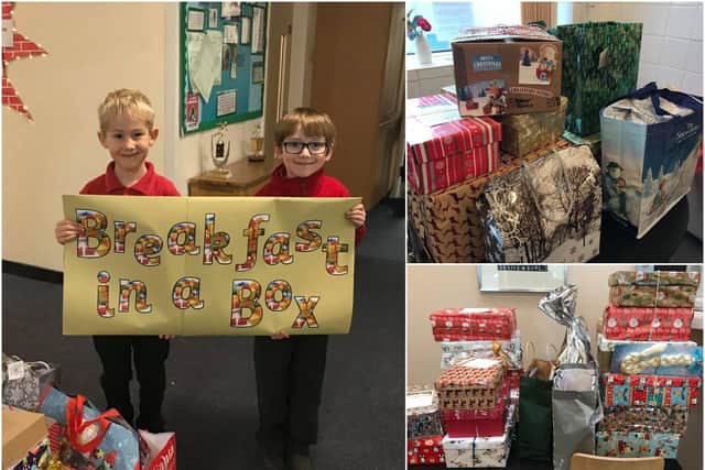 Children at Harbury Primary School donated 56 Breakfast in a box shoe boxes to the appeal. Bottom left and right shows some of the donations received at the Southam Christmas lights switch-on. Photo supplied.