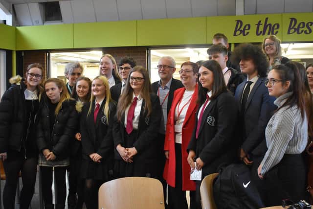 Mr Corbyn and, to his right, Debbie Bannigan, met with pupils and staff at Bilton School.