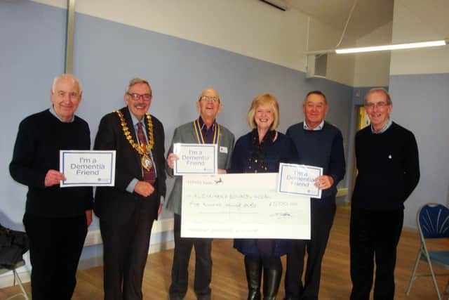 Rotarian Ian Stevens, Leamington Mayor Bill Gifford, Rotary club President Colin Robertson, Alzheimers Society Midlands Area Central Area Manager Janice Le Tellier, Rotarian David Greenwood, Alzheimers Dementia Friends Champion John Daly.
