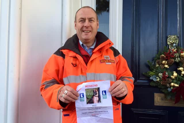 Royal Mail Postman holds the Lost Dog poster he used to help find Peggy