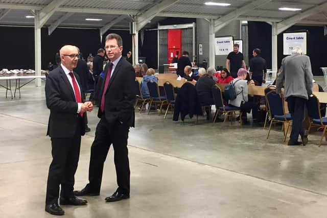 Re-elected MPs Matt Western (Labour, Warwick & Leamington) and Jeremy Wright (Con, Kenilworth & Southam) have a chat at the election count at Stoneleigh Park before they knew the results.