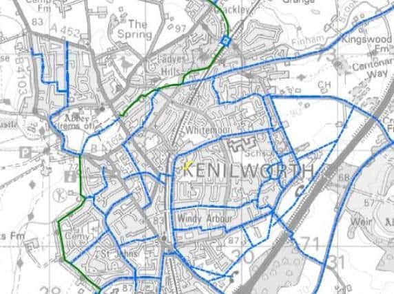 Kenilworth Cycle Route map: Blue signifies proposed cycle routes, green signifies national cycle routs and yellow signifies current cycle routes.
