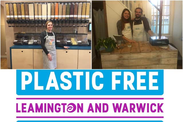 Top left shows Charlie Demetriou in Zero, top right shows Alex Daniels and Beth Smith in Core and bottom shows Plastic Free Leamington and Warwick logo.