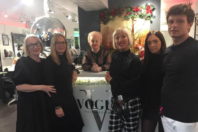 Left to right shows: Toni Rowles, Sarah Handscombe, Liz Usher, Michelle Van Der Linde, Jenny Poulter, Lewis Jones in Vogue International in Leamington.