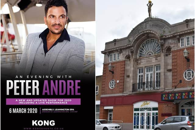 Peter Andre will be coming to Leamington. Left poster by Kong Events and right shows the outside of the Assembly in Leamington.