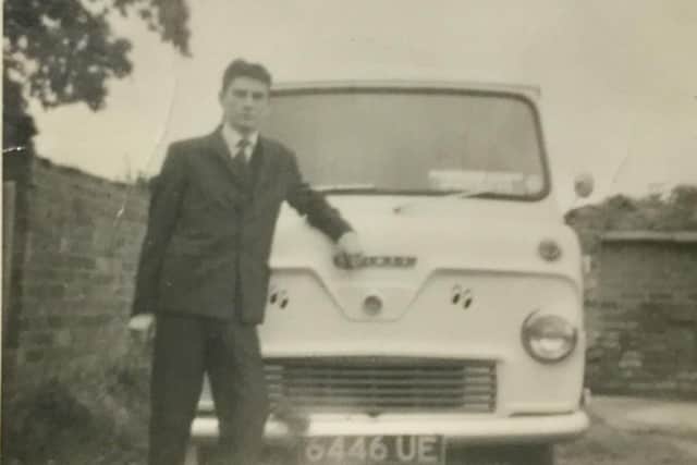 Patrick Garrett with his battered old Ford Thames 15cwt van, which he remembers had a Ford Consul bench seat wedged (not bolted!) in the back