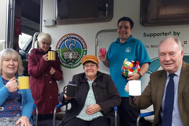Police and Crime Commissioner Philip Seccombe (right) with, from left: Miriam Sitch, Dawn Ramshaw, Tina Latham and Lucy Catling enjoying a brew at the Elmer motorhome.