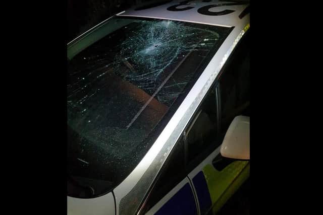 The damage to the police car. Photo: Rugby Police, Facebook.