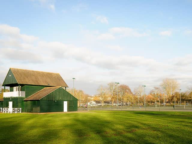 The tennis courts and pavilion at Victoria Park.