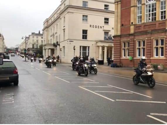 Motorcyclists ride through Leamington as part of Romeo Teixeira's funeral.