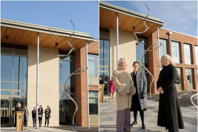 A new sculpture was unveiled at King High School this week. 
Right shows: Kathleen Soriano, Chair, Liverpool Biennial Of Contemporary Art (and former director of Compton Verney), today visited Kings High School, Warwick, to perform the unveiling of The Spirit of King's (a new sculpture, at the entrance of the school.