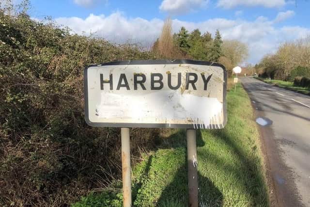 One of the Harbury signs when it had been defaced.