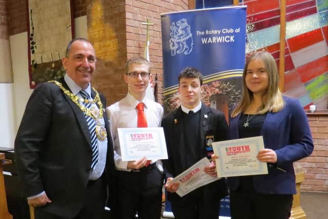 Senior winners from Myton School with Warwick Mayor, Cllr Neale Murphy.
The team were Thomas White, Abbie Thacker and Charlie Gutteridge. Photo supplied