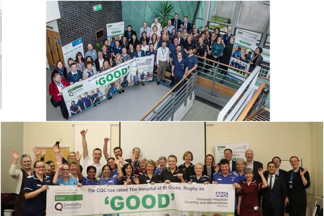 Top shows: staff at UHCW, which manages University Hospital in Coventry and bottom shows: staff at the Hospital of St Cross in Rugby. Photos supplied.