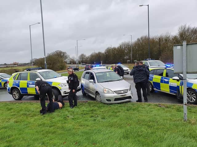Police detain the suspect after a short pursuit (photo from OPU Warwickshire)