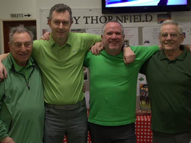The winning team in Thornfield Indoor Bowling Clubs gala, Rafferty Motor Car -  Brian Webber, Paul Sharp, Mark Noble and Henry Neal. The event raised funds for Neuroendocrine Cancer UK.