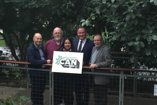 From L-R: Warwick district councilors Ian Davison (Green), Tony Heath (Whitnash Residents Association), Mini Mangat (Labour), council leader  Andrew Day (Con)and Alan Boad (Lib Dem) launch the authority's Climate Action Now plan at the Glasshouse in Jephson Gardens, Leamington.