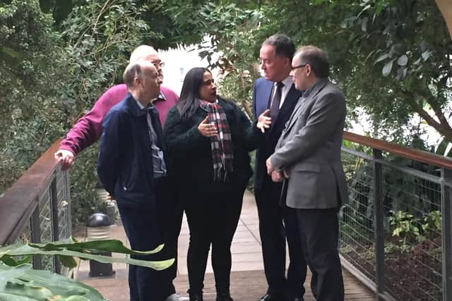 Warwick district councilors Ian Davison (Green), Tony Heath (Whitnash Residents Association), Mini Mangat (Labour), council leader  Andrew Day (Con)and Alan Boad (Lib Dem) launch the authority's Climate Action Now plan at the Glasshouse in Jephson Gardens, Leamington.