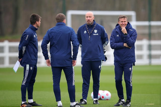 Leeds United manager Jesse Marsch (right), assistant manager Cameron Toshack (second right) and coach Franz Schiemer (left) at Thorp Arch.