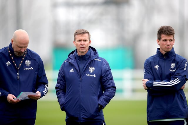 Leeds United manager Jesse Marsch (centre), assistant manager Cameron Toshack (left) and coach Franz Schiemer during a training session at Thorp Arch Training Ground.