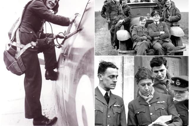 Left, Newell Orton climbing into his Hurricane. Right, top: New Zealander Cobber Kain receiving the telegram that tells him he has been awarded the Distinguished Flying Cross. Orton (on the right) had already been awarded this gallantry medal. By the end of 1941 all four of these pilots had been killed. Right bottom: The pilots of 73rd Squadron before the Luftwaffe launched a full scale attack on their airfield in May 1940 leading to weeks of fierce aerial combat. Orton is second from the left. Photos supplied
