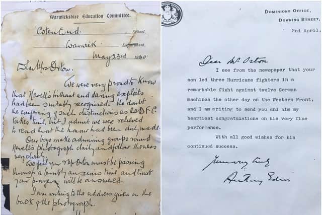 Left shows the letter from Mr Gough, Headmaster of Coten End School, written after Newell had been awarded the Distinguished Flying Cross, and when they were anxiously awaiting news of him after his plane had been shot down in flames in France. 
Right shows the letter to Orton's parents from Anthony Eden, the MP for Warwick and Leamington, who in 1940 was the Secretary of State for Dominion Affairs.