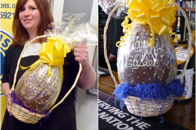 Caroline Beresford-Ruck at the Warwick Arms Hotel with one of the prize eggs. Photo supplied