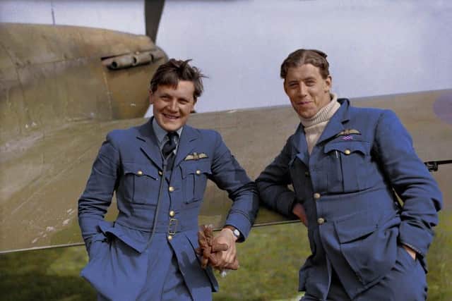 The two air aces of 73rd Squadron who were both awarded the DFC, Newell Orton (left) and Cobber" Kain (right).
Photo was brought into colour by ColourbyRJM. Photo supplied by Unlocking Warwick