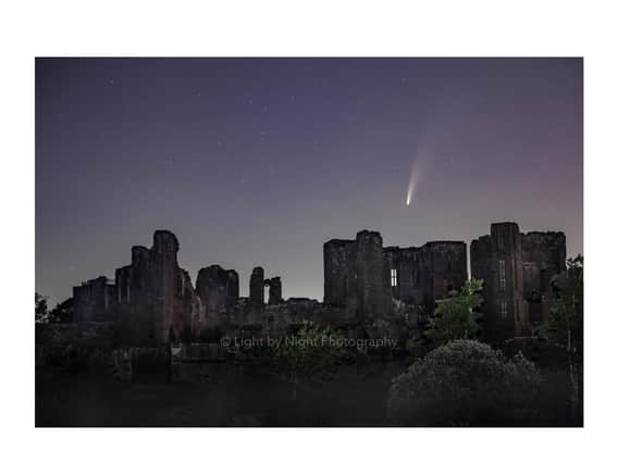Comet Neowise over Kenilworth Castle. Photo by Carl Gallagher, ofLight by Night Photography.